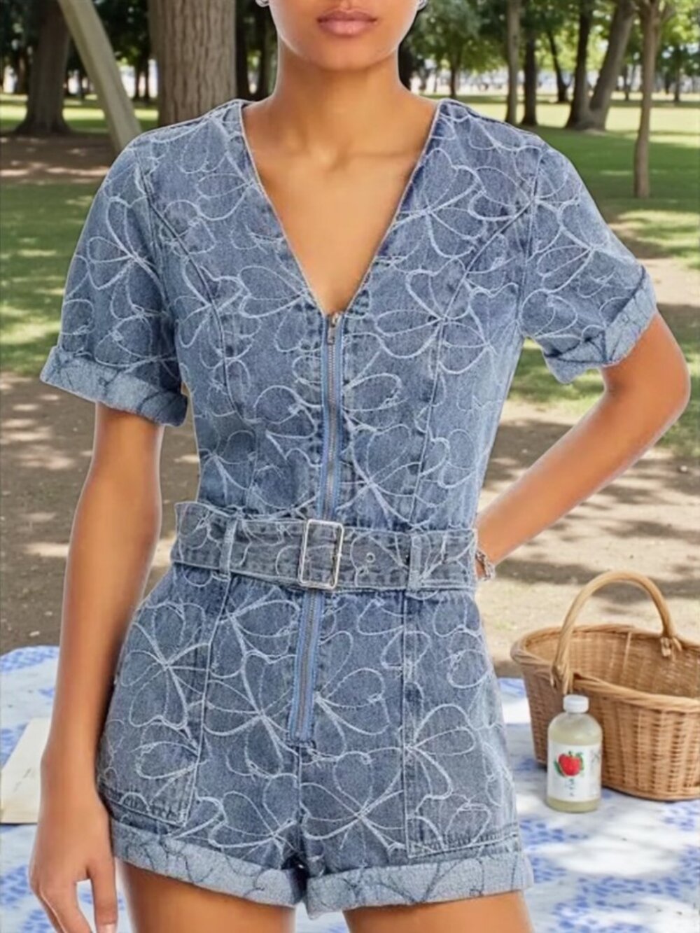 Ramy Brook Galilea Denim Romper 10 Blue Floral